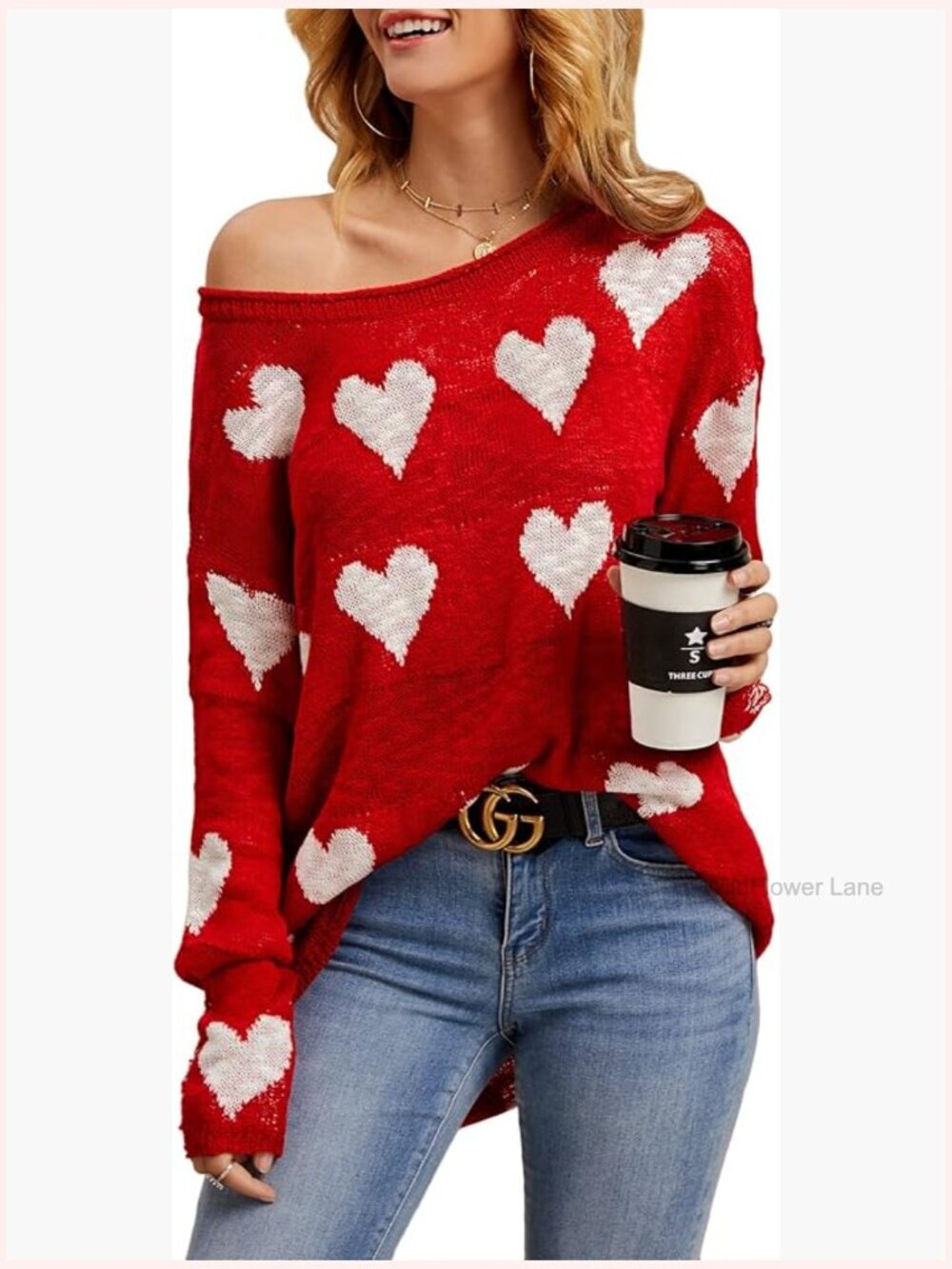 Oversized Off Shoulder Heart Print Knit Pullover Sweater Blouse